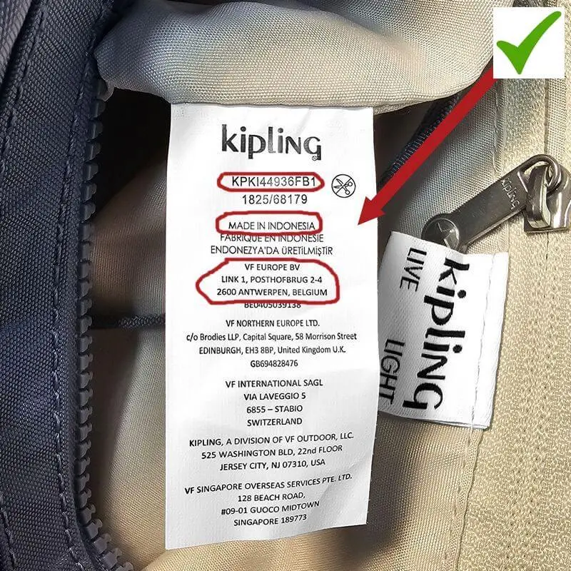 Original Kipling manufacturing label with model code, production country (Indonesia), and company address in Belgium.
