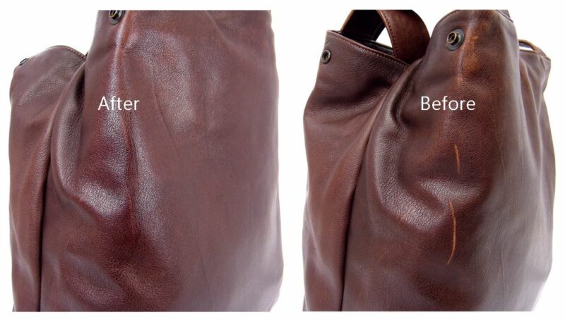 לפני ואחרי תיק מעור חום של המעצבת רות קראוס-ניקוי וחידוש תיק עור