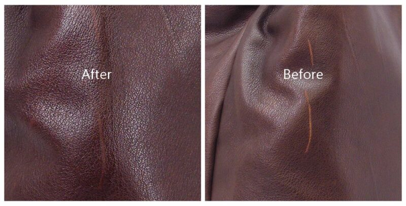 תקריב של לפני ואחרי תיק מעור חום של המעצבת רות קראוס-ניקוי וחידוש תיק עור