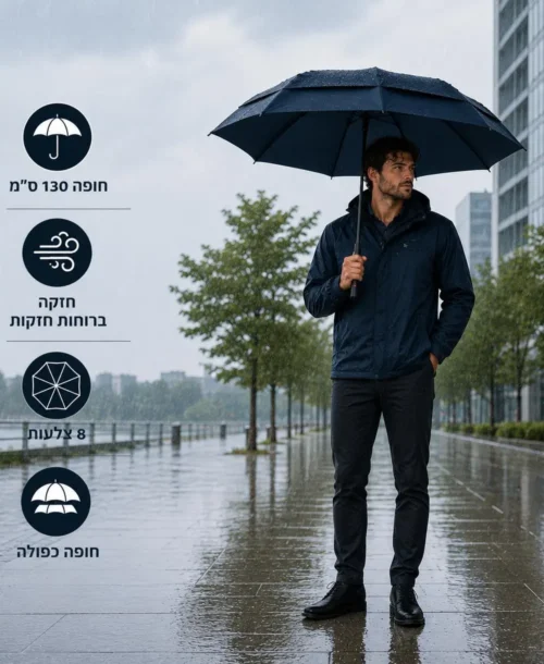 מטרייה חזקה וגדולה במיוחד 130 סמ חופה כפולה בצבע כחול נייבי עם דוגמן בגשם Impliva