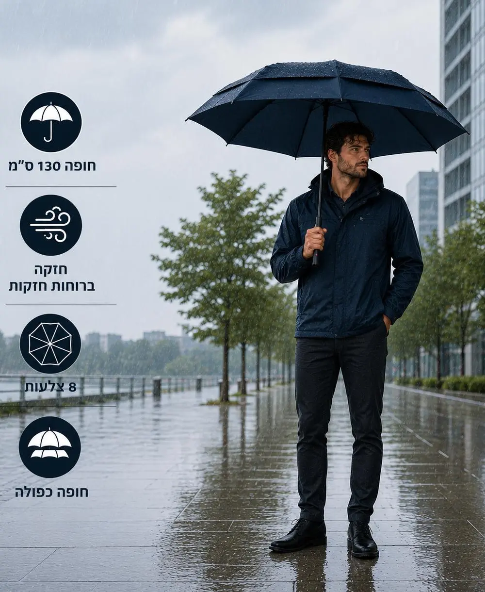 מטרייה חזקה וגדולה במיוחד 130 סמ חופה כפולה בצבע כחול נייבי עם דוגמן בגשם Impliva