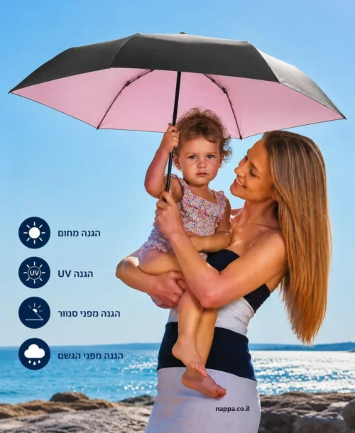 מטריית שמש נגד קרינה UV כולל הפחתה מהחום חברת קנירפס דגם U200 בצבע שחור וביטנה ורודה על אמא ותינוקת בחוף הים
