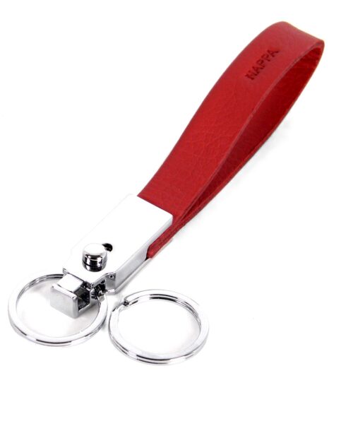 מחזיק מפתחות עור נאפה אדום יוקרתי עם לולאת יד ומתכת מבריקה