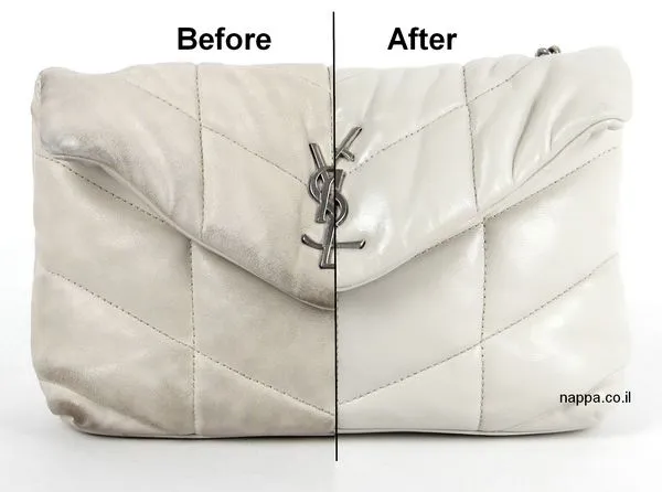 צביעת תיק עור בהיר של איב סן לורן לפני ואחרי