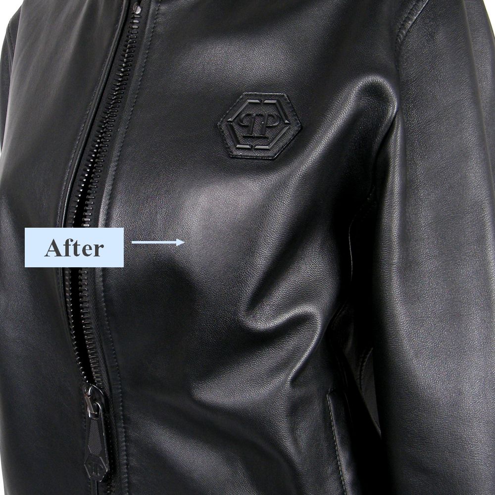 תיקון מעיל עור מדבקה אחרי ניקוי וצביעה של המותג philipp plein