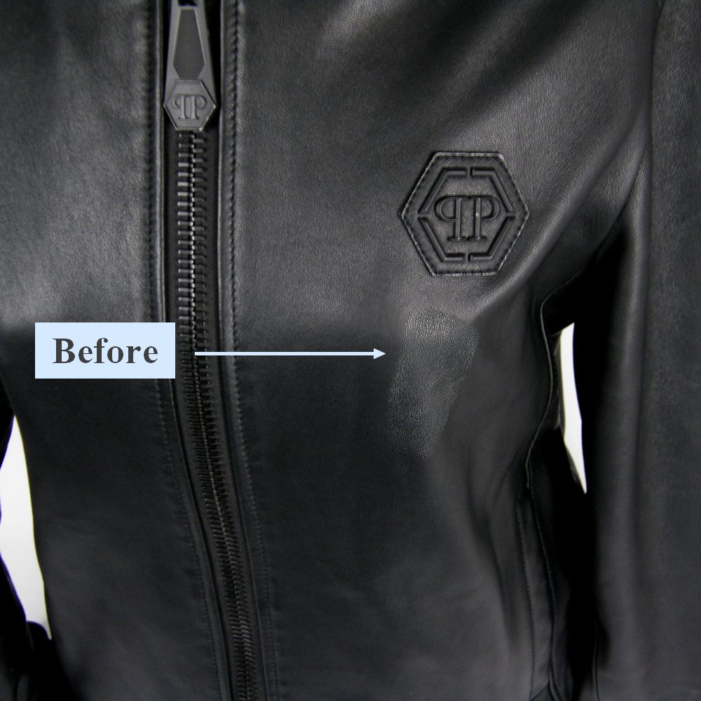 תיקון מעיל עור מדבקה לפני ניקוי וצביעה של המותג philipp plein