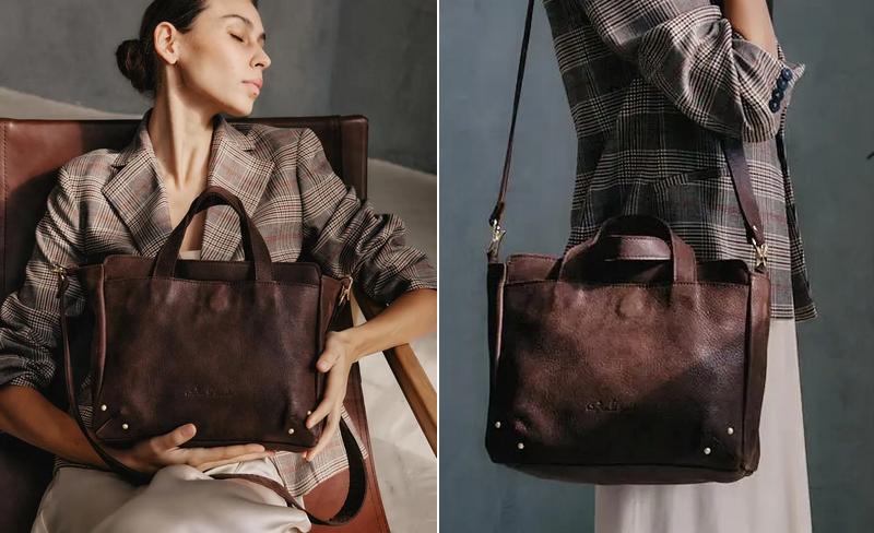 דוגמנית עם תיק חום וינטאג' קלאסי לשנת 2025