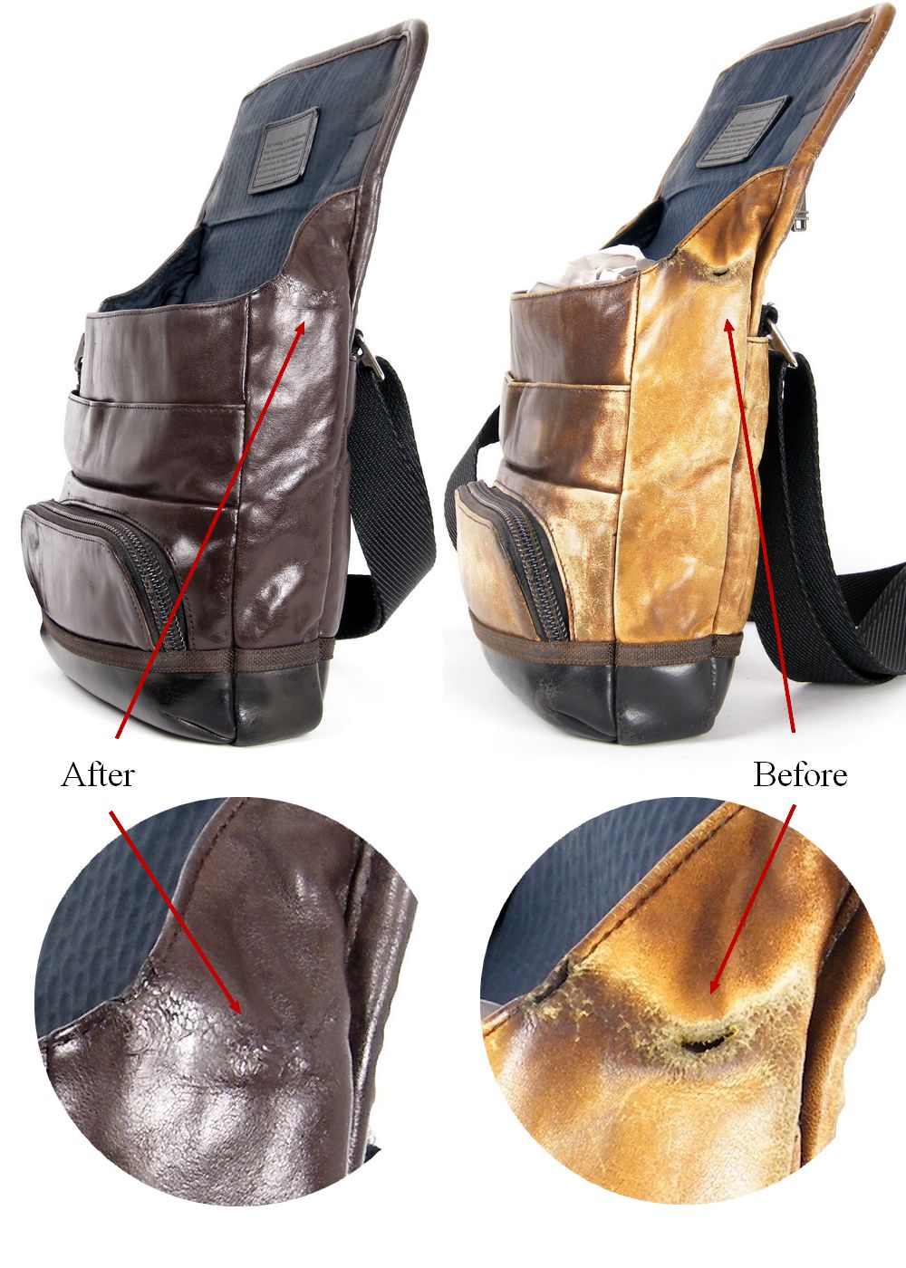 לפני ואחרי תיקון חור בתיק עור טומי TUMI ישן