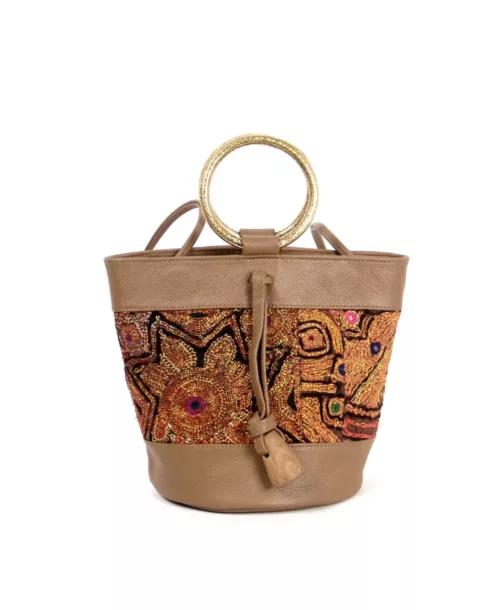 מיני תיק oneonefive סיטה מעור בהיר בז' ביגה משולב בד