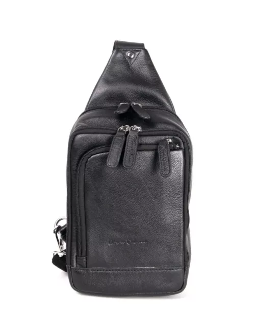 תיק צד קטן שחור לגבר – עור נאפה בעיצוב אוכף עם רוכסנים קדמיים