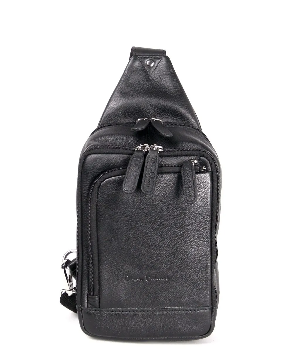 תיק צד קטן שחור לגבר – עור נאפה בעיצוב אוכף עם רוכסנים קדמיים