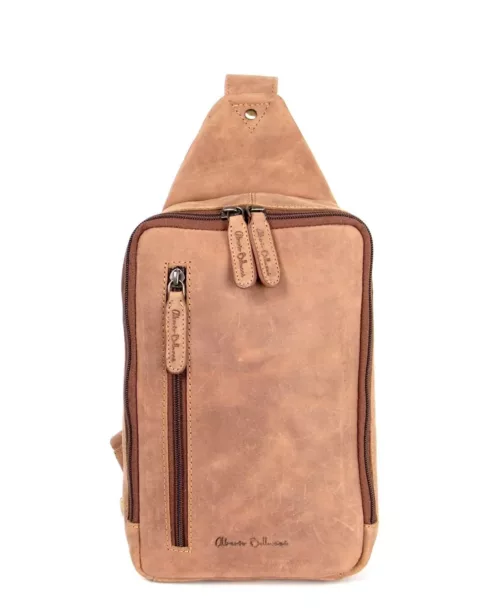 תיק צד חום מעור משומן לגבר – דגם אוכף עם רוכסנים ורצועה מתכווננת