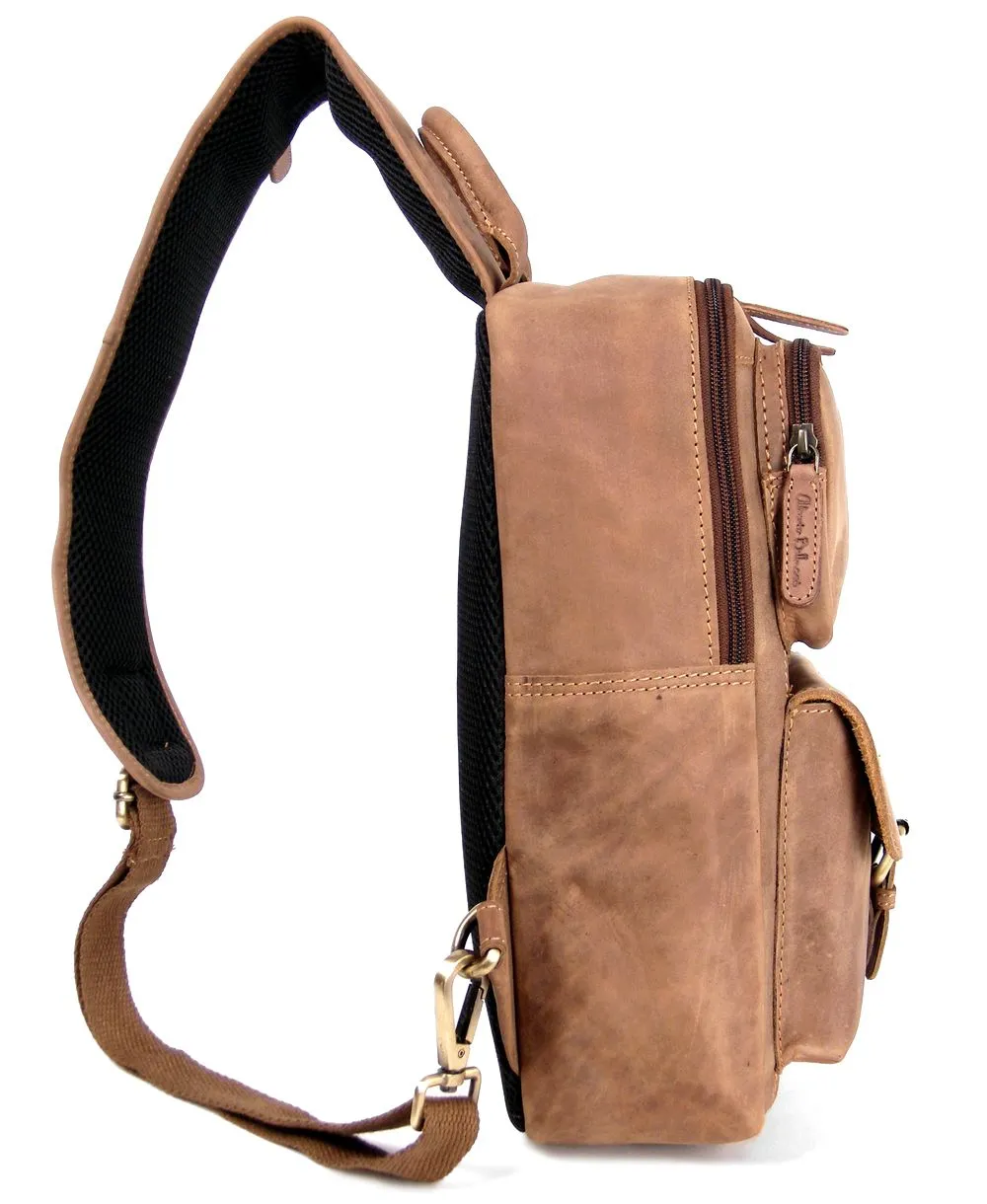 תיק צד עור חום לגבר בסגנון וינטג' – דגם שלוקר מרובע | Alberto Bellucci – תמונה 3