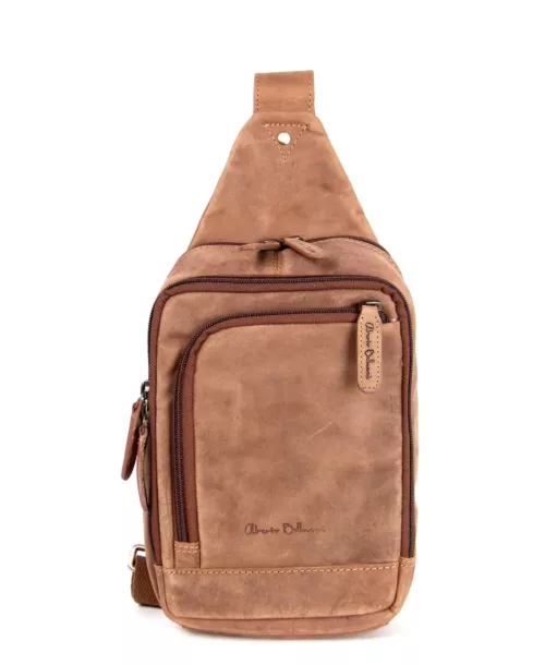 תיק צד קטן חום לגבר – עור משומן בעיצוב אוכף עם רוכסנים קדמיים