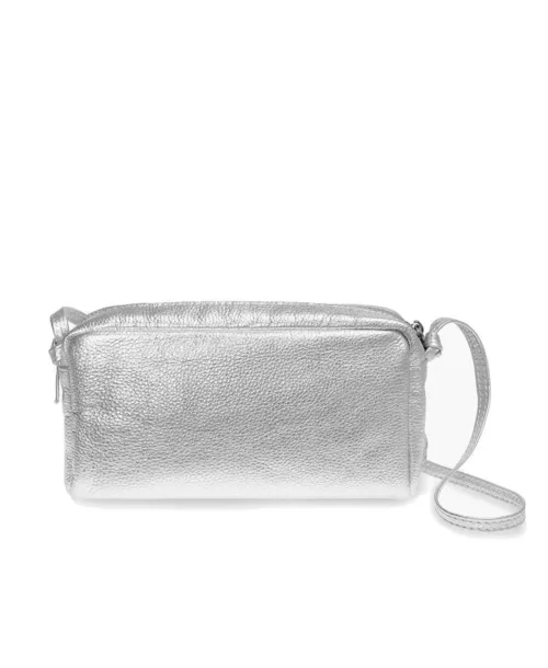 תיק צד לנשים מעור בצבע כסף מטאלי, דגם קיוב של המעצבת נטע שדה