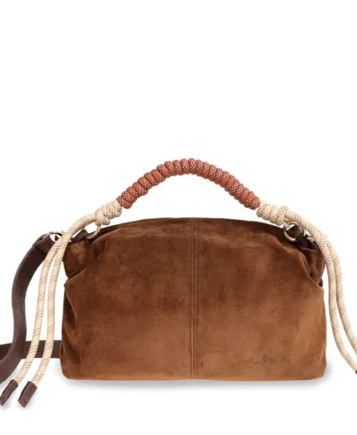 תיק צד לנשים בעיצוב נטע שדה, דגם בודהה מעור זמש חום עם רצועת חבלים קלועה