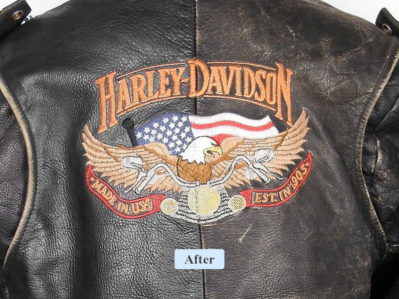 גב מעיל עור Harley-Davidson וינטג’ משנות ה־80 הרקמה לאחר ניקוי מקצועי, נשר עם דגל ארה״ב בצבעים מחודשים.