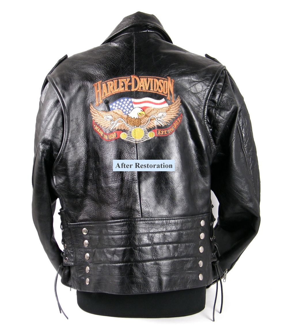 גב מעיל עור הרלי דיווידסון עם רקמת נשר ודגל אמריקאי לאחר שיקום מלא