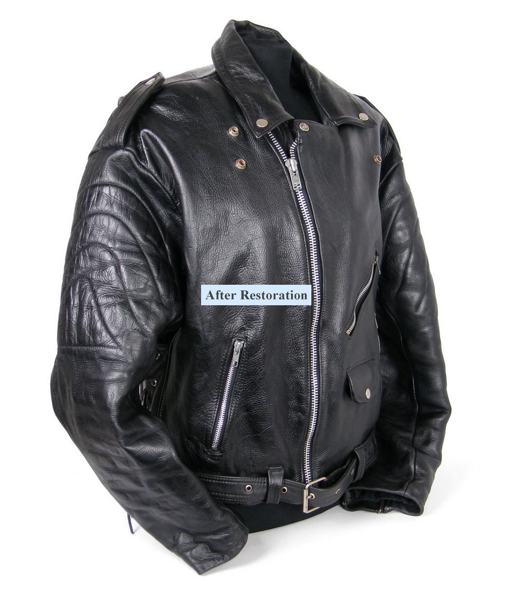 מבט צדדי של מעיל עור הרלי דיווידסון וינטג’ אחרי חידוש מלא