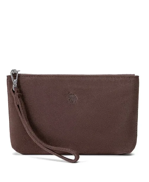 ארנק קלאץ' לנשים מעור זמש עם רצועת יד בצבע חום כהה - ארנקי עמנואל