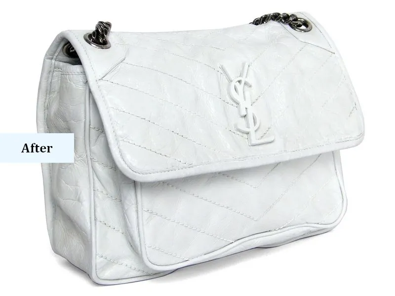 תיק YSL לבן לאחר שיקום וצביעה - צילום בזווית