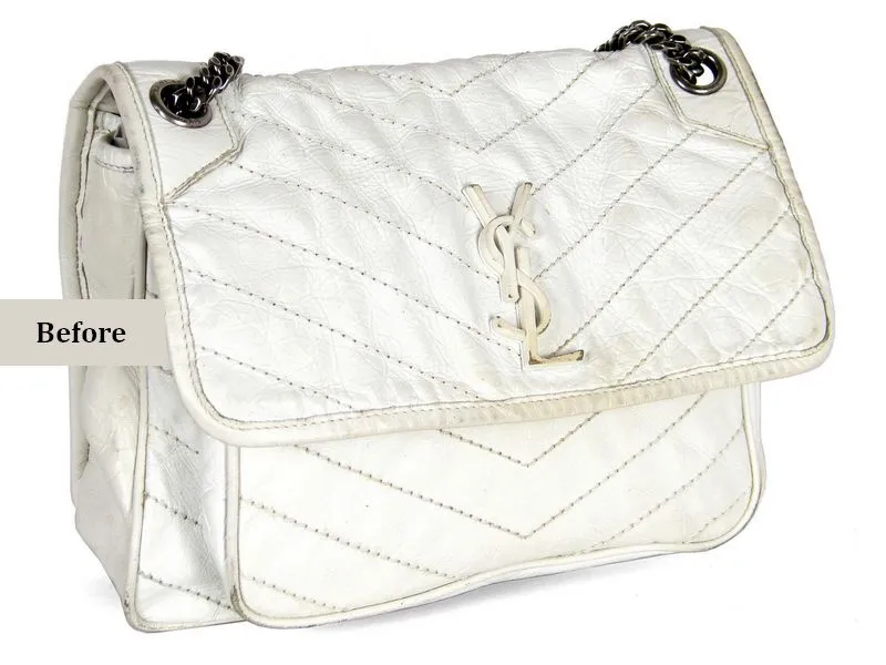 תיק YSL לבן לפני חידוש - צילום בזווית