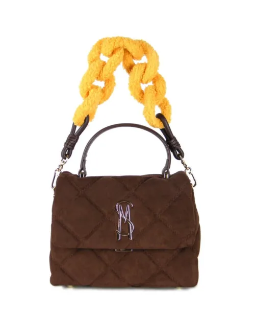 תיק יד לנשים סטיב מאדן BMikki חום כהה עם רצועת שרשרת פרווה חרדלי (1)