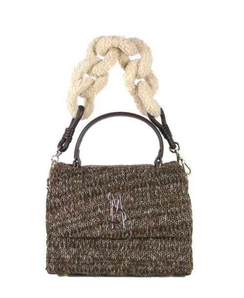 תיק יד לנשים סטיב מאדן BMikki טוויד חום עם רצועת שרשרת פרווה שמנת