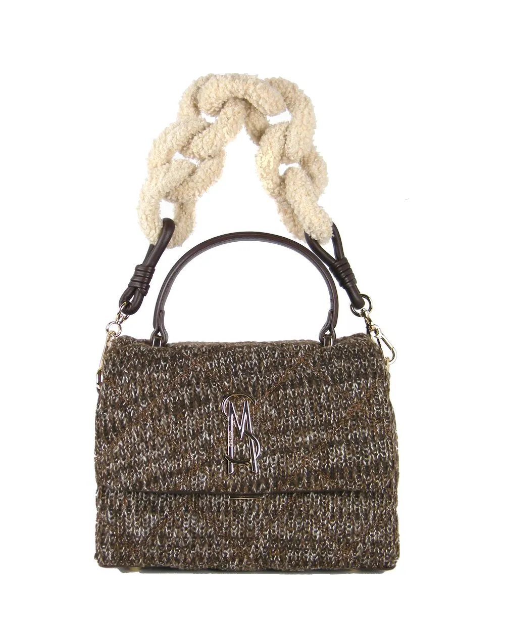 תיק יד לנשים סטיב מאדן BMikki טוויד חום עם רצועת שרשרת פרווה שמנת