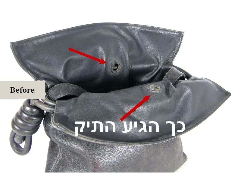 חור במיקום מגנט פנימי בתיק LOEWE לפני תיקון ושחזור עור חור במיקום מגנט פנימי בתיק LOEWE לפני תיקון ושחזור עור