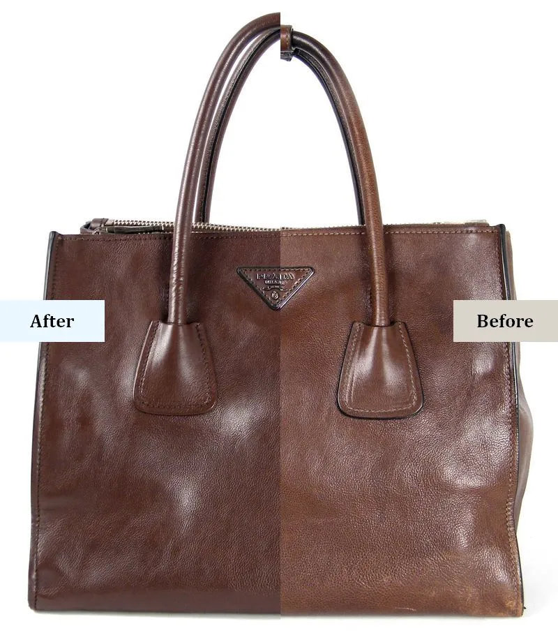 השוואת לפני ואחרי של חידוש תיק פראדה חום - חצי משופץ וחצי במצב מקורי