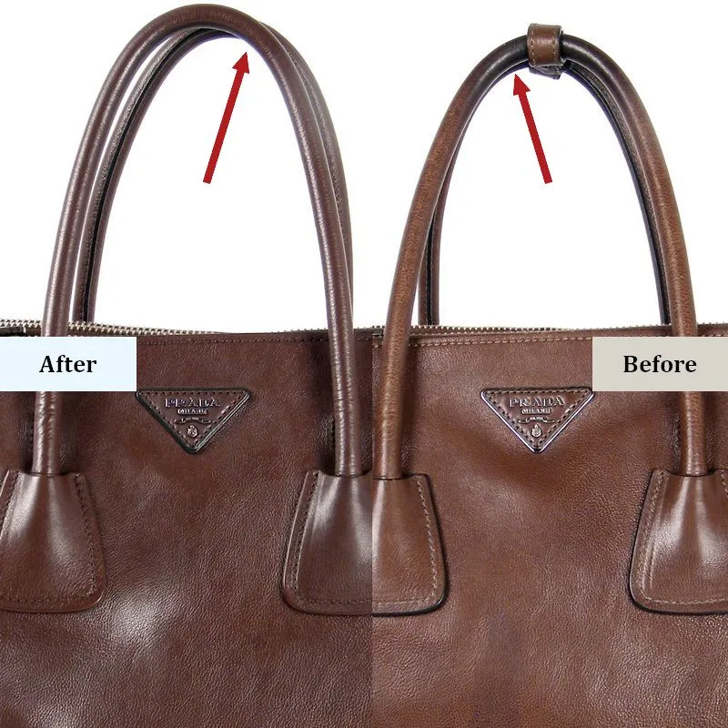 השוואת מצב ידיות תיק פראדה לפני ואחרי חידוש - שיקום עור ותיקון בלאי