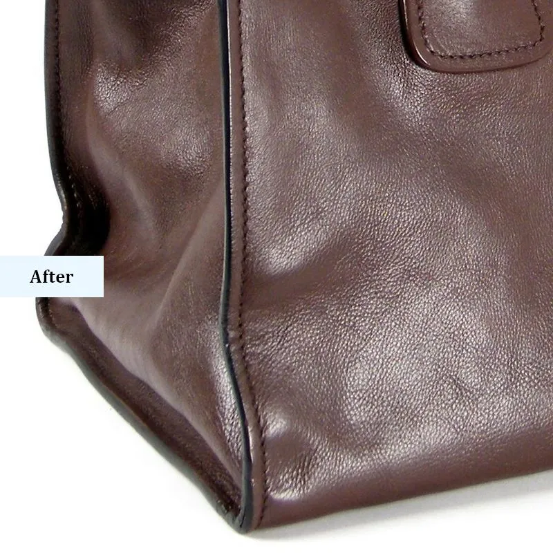 פינה משופצת של תיק פראדה חום לאחר טיפול - צביעה מחדש והחלקת העור