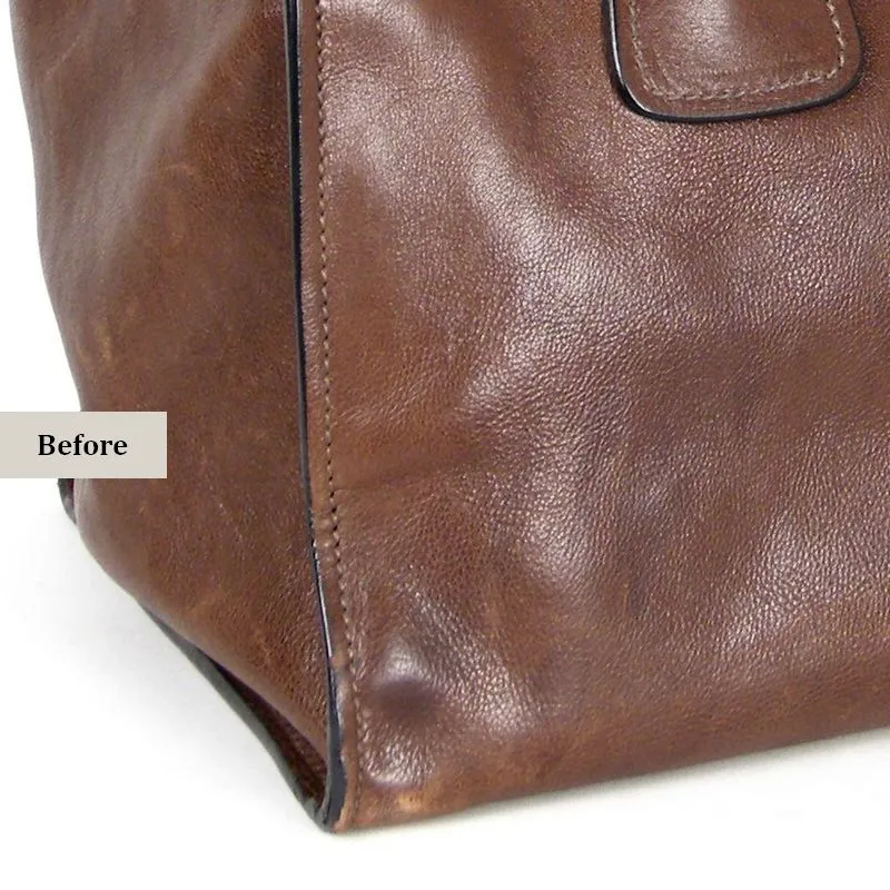 פינה של תיק פראדה חום לפני טיפול - דהייה, שריטות ובלאי בעור