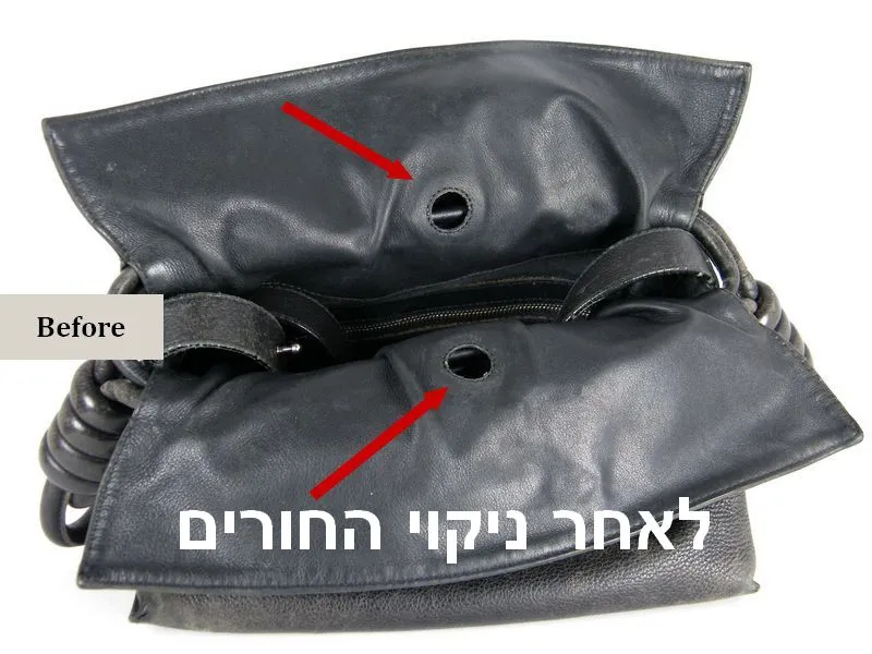 שחזור חורי מגנטים בתיק LOEWE לאחר ניקוי והכנה לתפירה מקצועית שחזור חורי מגנטים בתיק LOEWE לאחר ניקוי והכנה לתפירה מקצועית