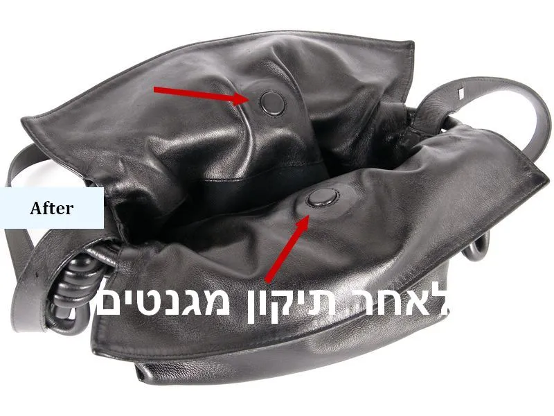 תיק LOEWE לאחר תיקון מגנטים פנימיים ושחזור מדויק של מנגנון הסגירה תיק LOEWE לאחר תיקון מגנטים פנימיים ושחזור מדויק של מנגנון הסגירה