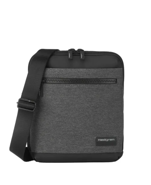 תיק צד לגבר Hedgren בצבע אפור כהה, תא קדמי עם רוכסן ורצועת כתף מתכווננת