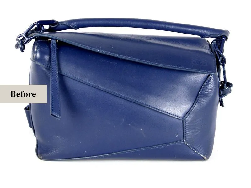תמונות לפני חידוש תיק LOEWE כחול סגלגל תיקון רצועה וצביעה מחדש (1)