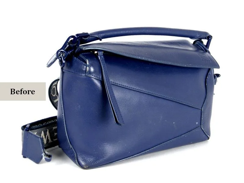 תמונות לפני חידוש תיק LOEWE כחול סגלגל תיקון רצועה וצביעה מחדש (2)