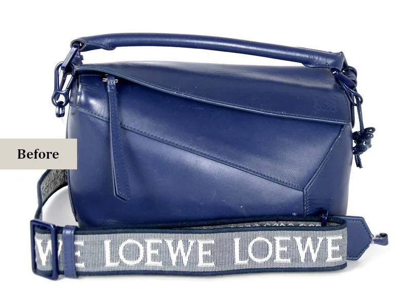 תמונות לפני חידוש תיק LOEWE כחול סגלגל תיקון רצועה וצביעה מחדש (4)