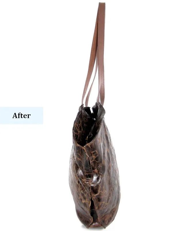 leather-bag-after-restoration-side-profile-mishi מבט צד על תיק עור וינטג' לאחר שחזור - מבנה יציב יותר ועור רך לאחר הזנה בווקס
