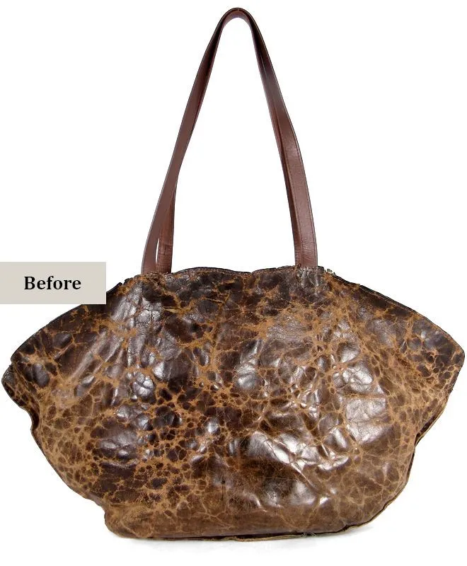 leather-bag-before-restoration-front-view-mishi תיק עור וינטג' בעיצוב מירב אוחיון (MISHI) לפני שחזור - מבט קדמי, עור יבש עם סימני זמן וקרעים