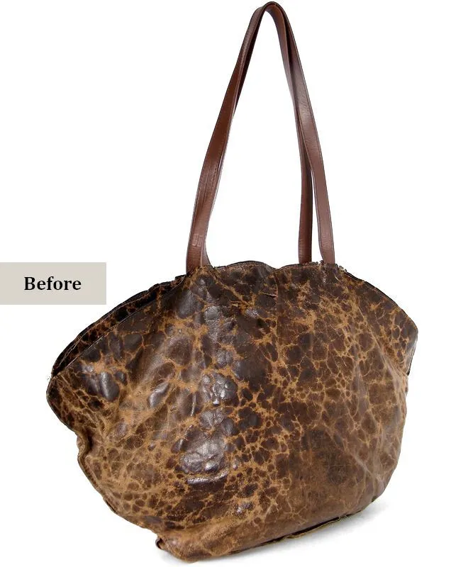 leather-bag-before-restoration-side-angle-mishi תיק עור וינטג' לפני חידוש ושחזור - מבט צד אלכסוני המדגיש שחיקה ויובש בעור