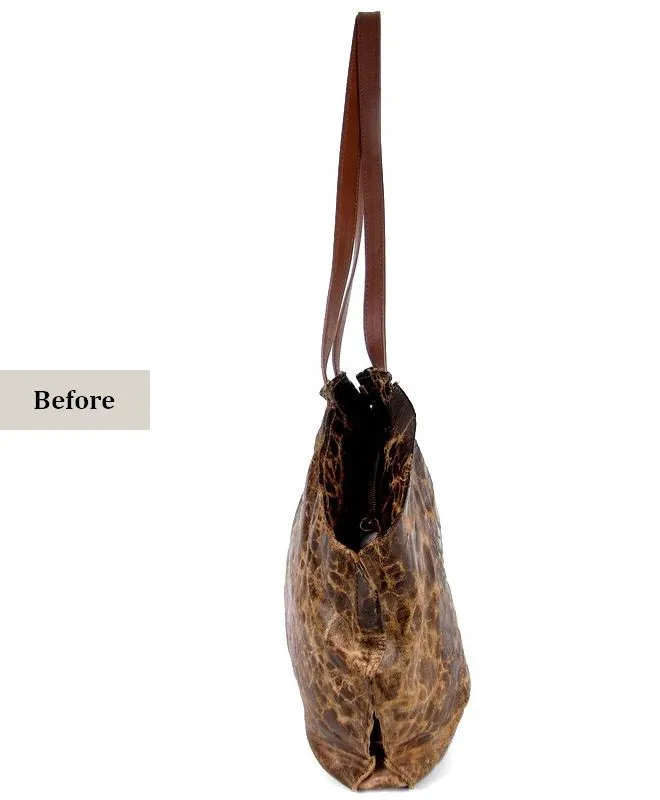 leather-bag-before-restoration-side-profile-mishi מבט צד על תיק עור וינטג' לפני שחזור - מבנה ועור יבש לאחר שנים של שימוש