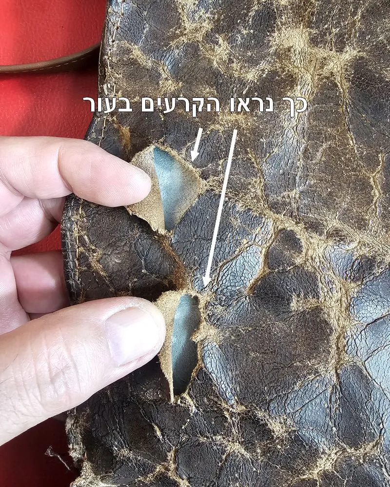 leather-bag-tear-repair-internal-support קרע בעור תיק וינטג' לפני תהליך שחזור וחיזוק מקצועי