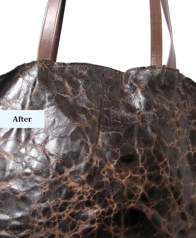leather-restoration-close-up-after-mishi תקריב לעור תיק וינטג' לאחר שחזור - עור מוזן בווקס ייעודי עם מרקם טבעי, פטינה משומרת וברק עדין