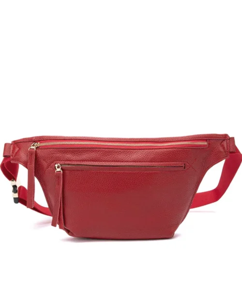 פאוץ' עור גדול לנשים אנה גולד בצבע אדום עם אבזמי זהב עיצוב נטע שדה