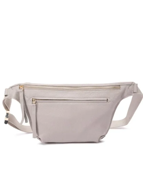 פאוץ' עור גדול לנשים אנה גולד בצבע אבן עם אבזמי זהב עיצוב נטע שדה