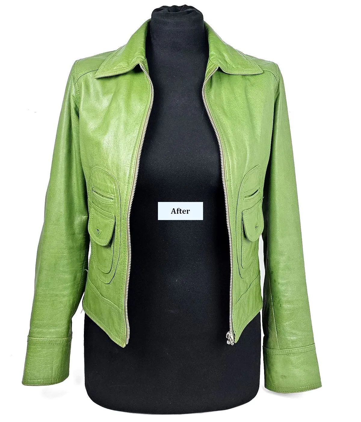 Green nappa leather jacket after restoration