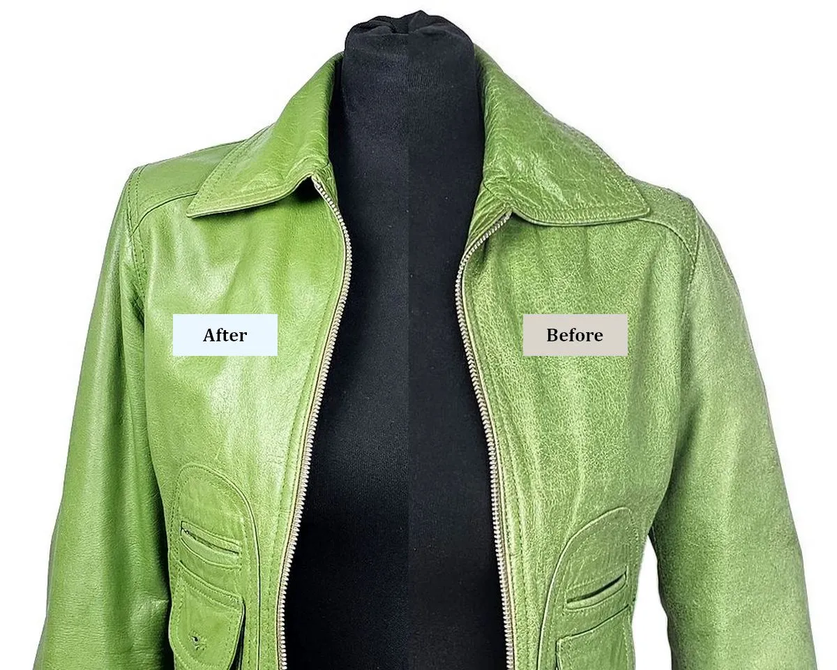 Green nappa leather jacket restoration before and after